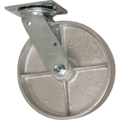 Metal caster wheel with mounting bracket.