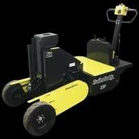 Industrial electric pallet jack on black background.