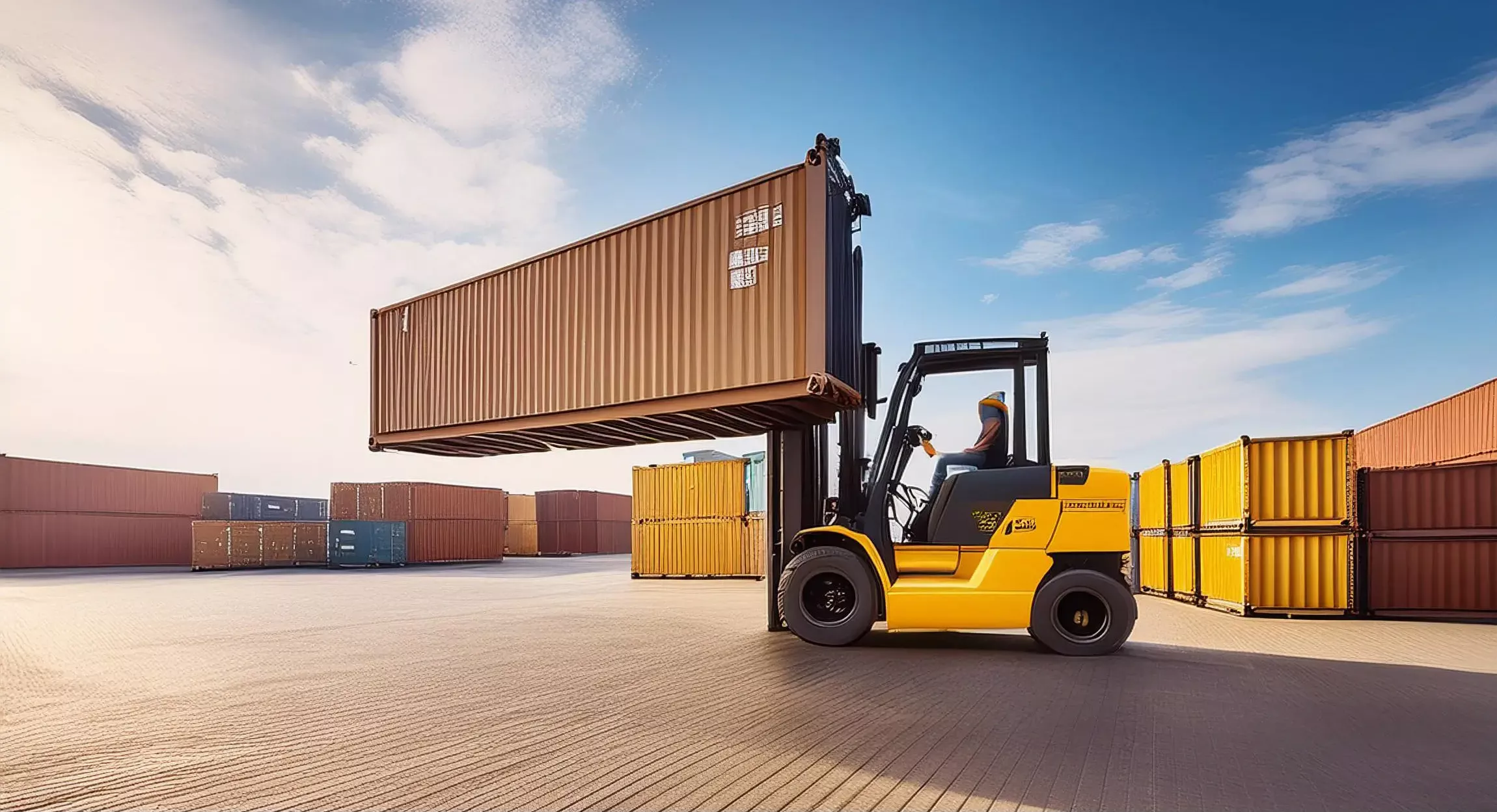 shipping container with a forklift