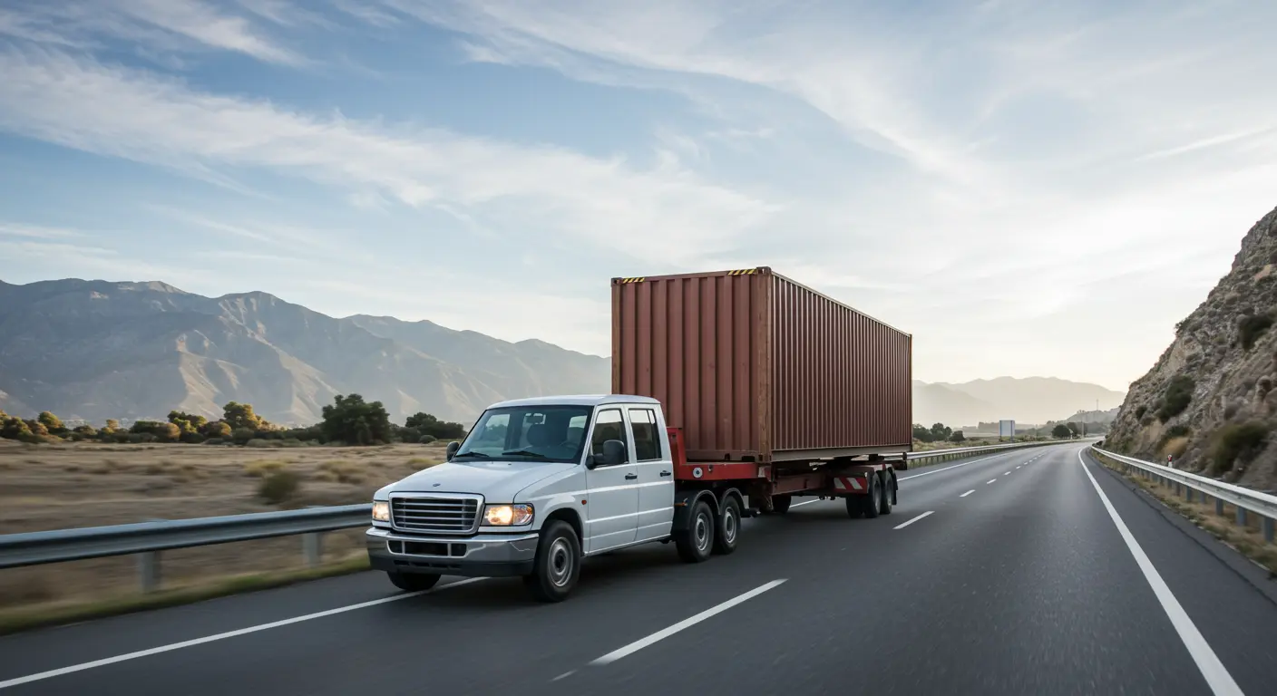 A large shipping container is being securely transported by an dolly