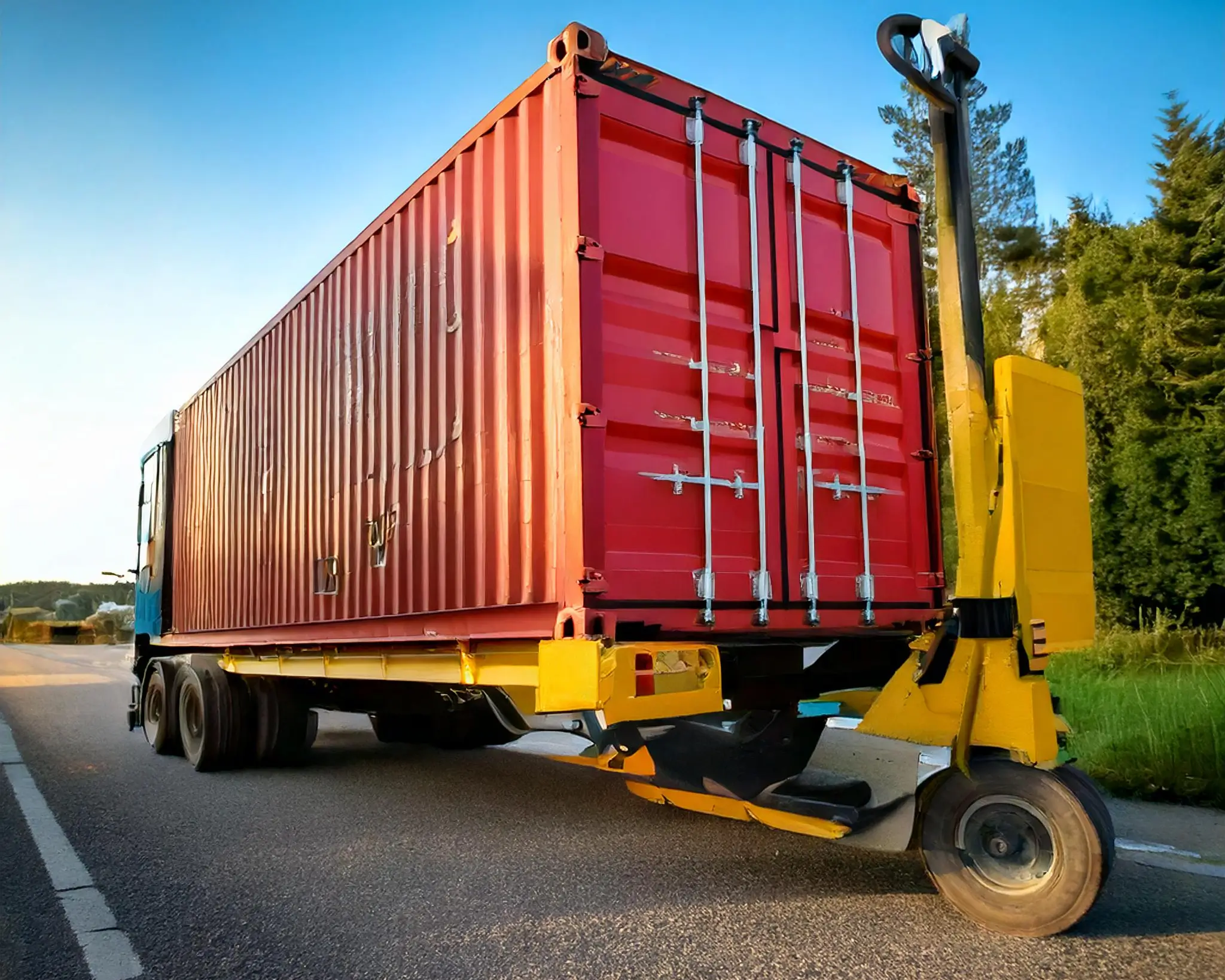 Transporting a Shipping container via road with the help of dollies