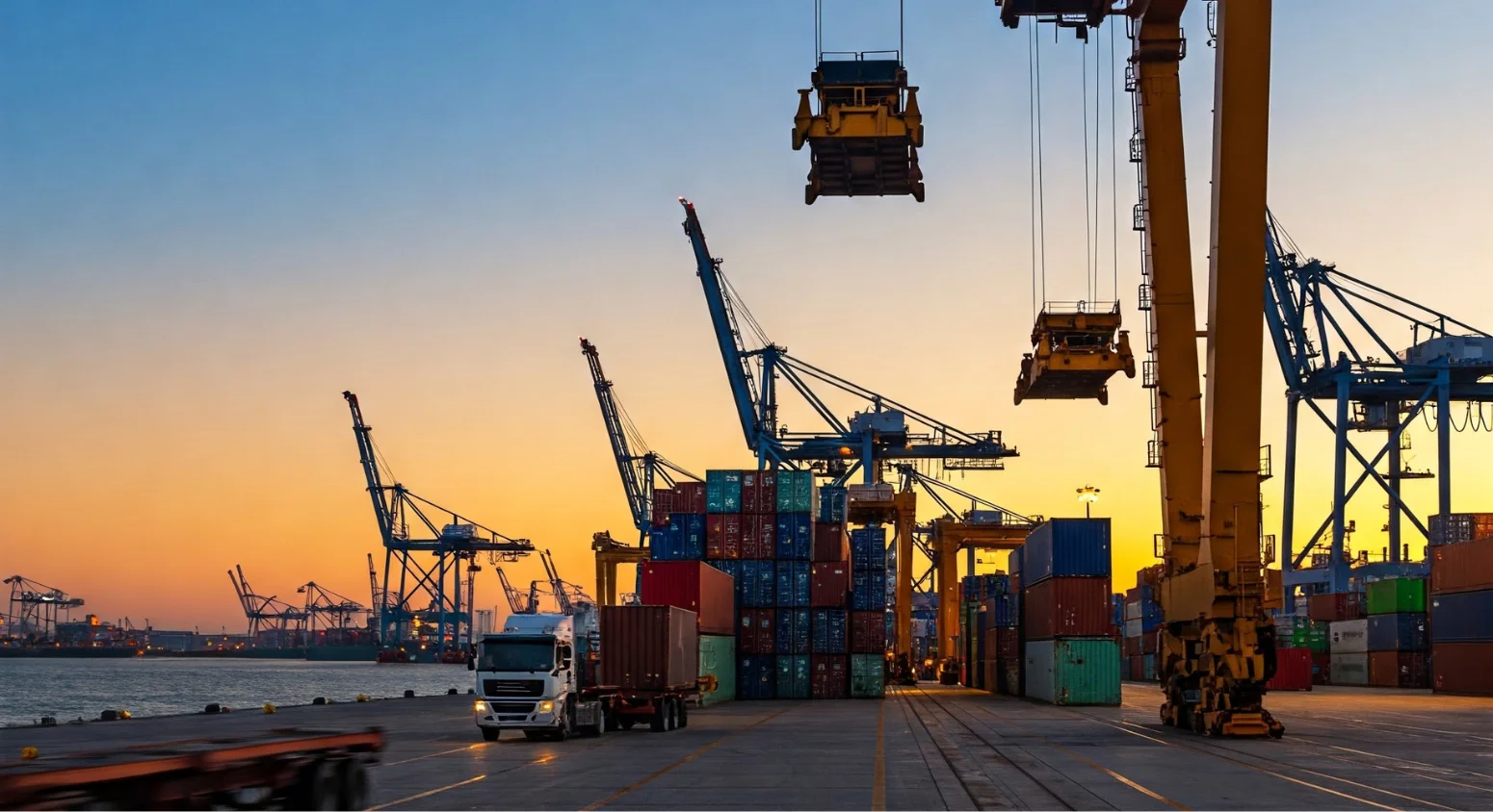 Container transport solutions adapted for ports, warehouses, and logistics centers, showcasing specialized equipment in each environment.
