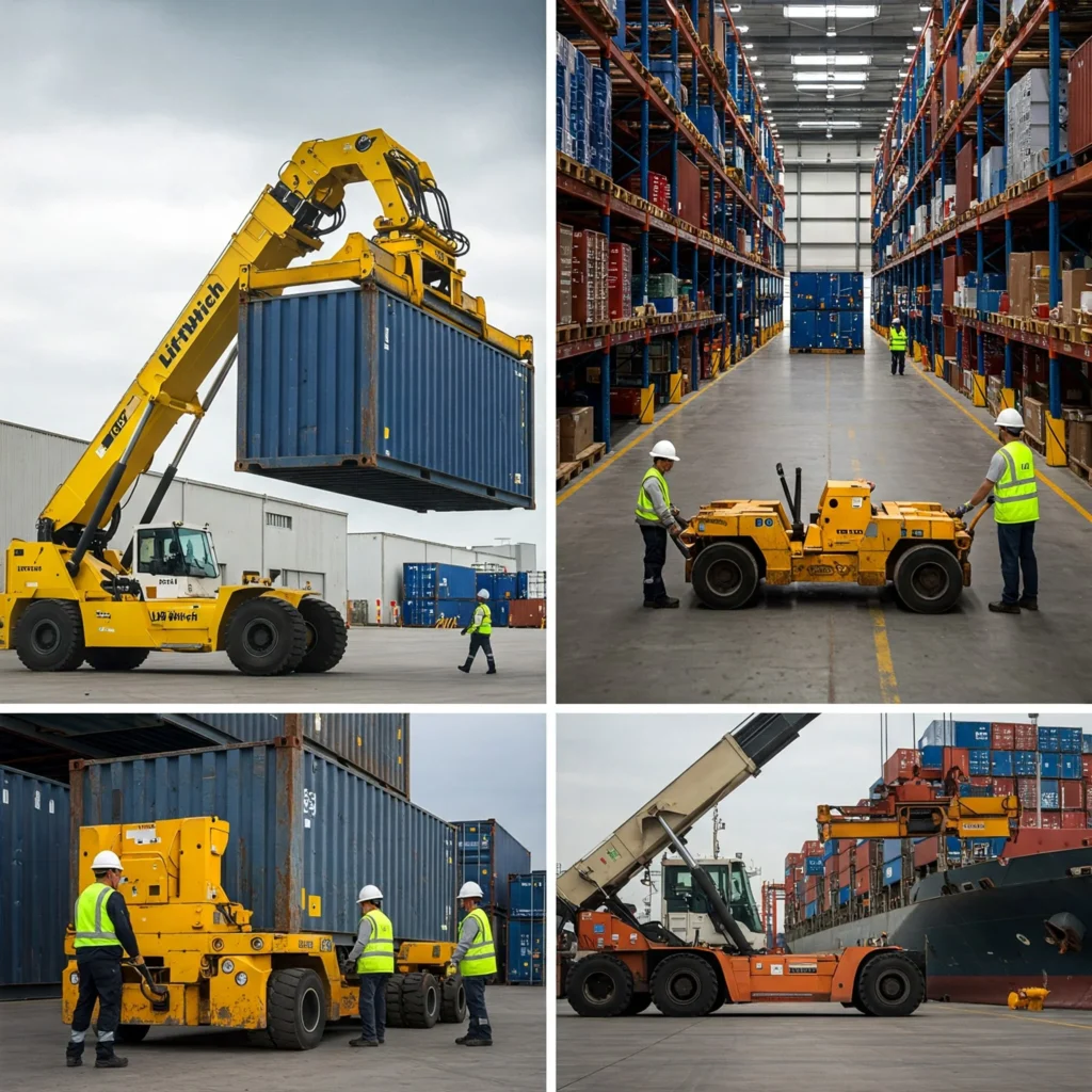 Modern container transport equipment solutions like LiftWich and wheel dollies boosting efficiency in ports, warehouses, and logistics centers.