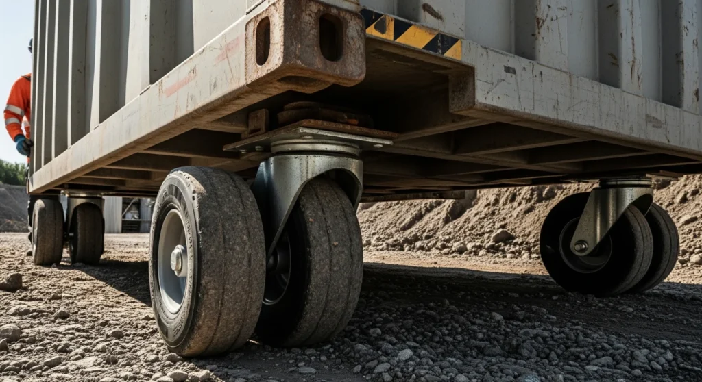a container being moved over uneven outdoor ground, using rugged off-road casters or heavy-duty wheel dollies designed for tough surfaces.