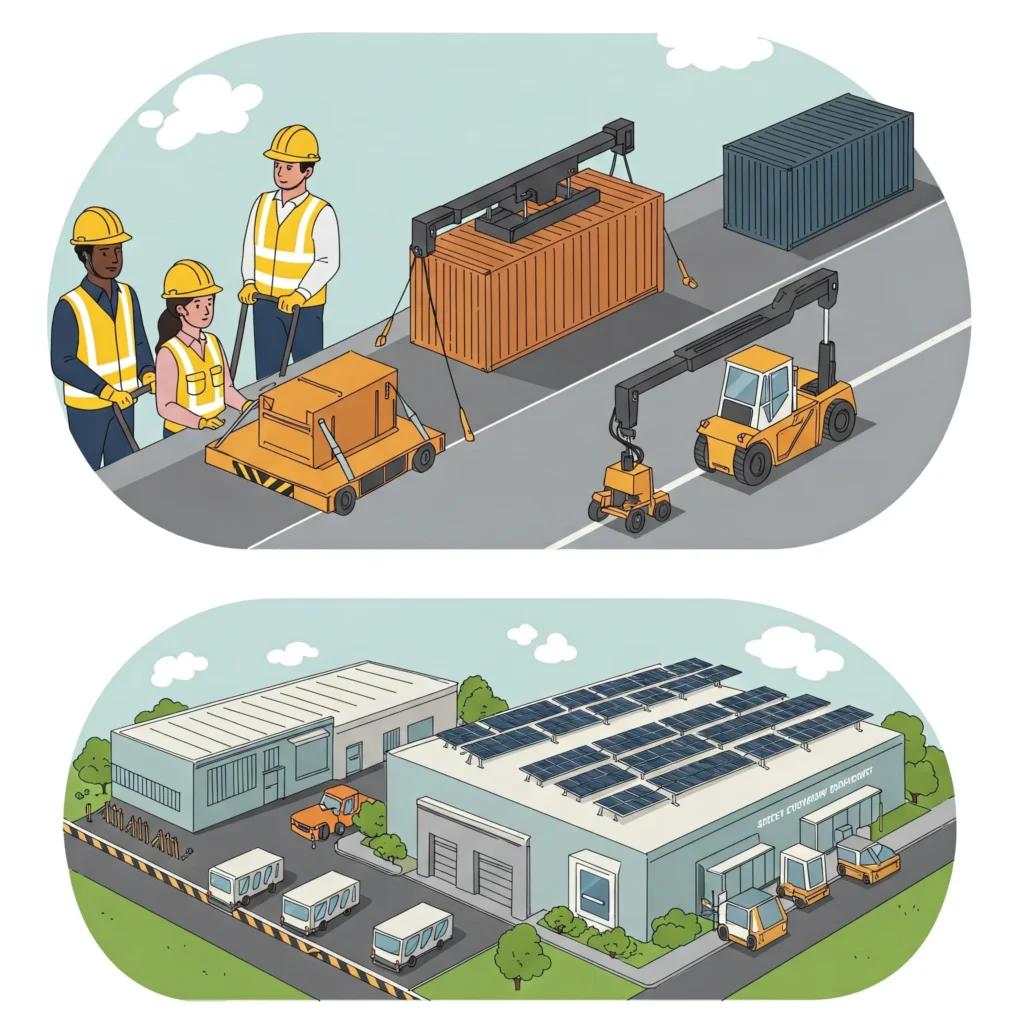 Container transport solutions enhancing safety, speed, and sustainability with advanced equipment in ports, warehouses, and logistics centers.