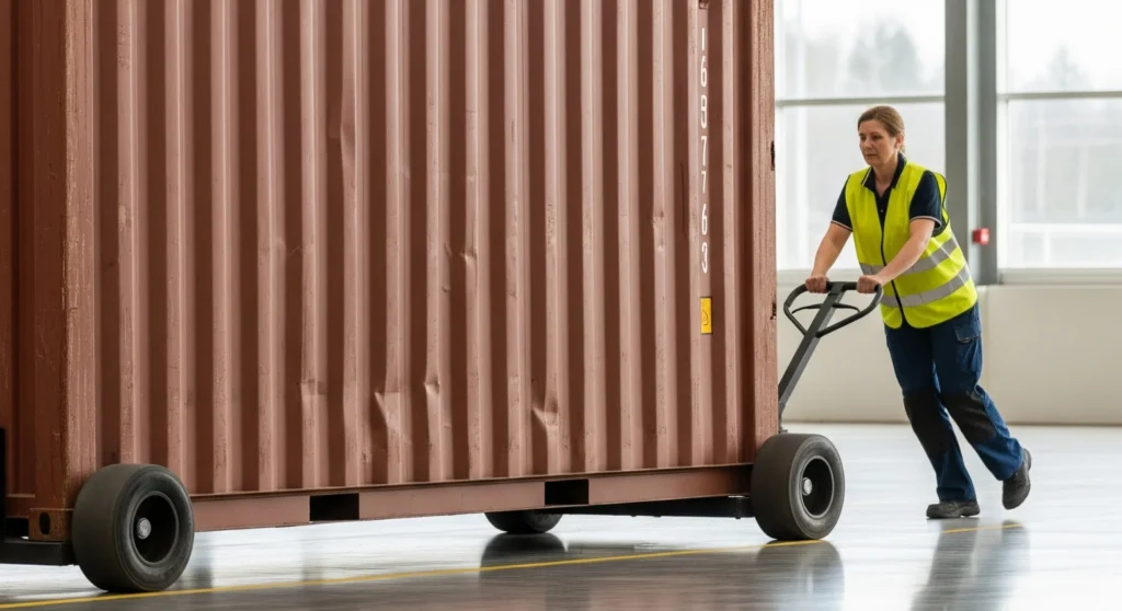 a worker maneuvering a shipping container using wheel dollies on a smooth warehouse floor, demonstrating ease of movement.