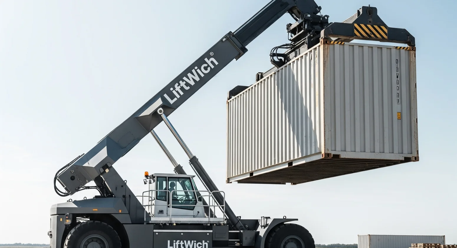 A professional photograph shows a grey LiftWich container lifting jack smoothly moving an empty container on a clean, flat industrial site. The bright natural lighting emphasizes the equipment's stability and ease of use during the container handling process.