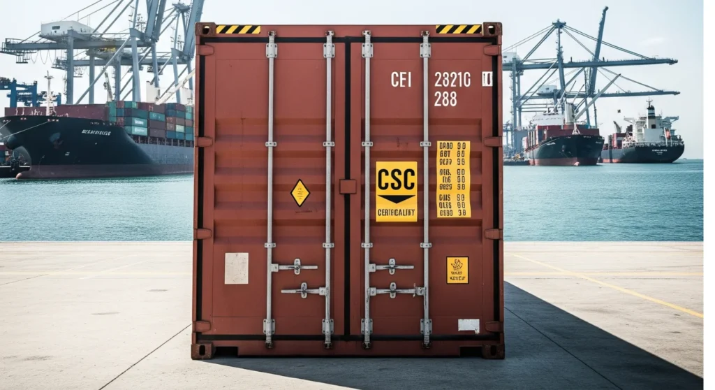 A high-quality, photo-realistic image of a large blue shipping container at a busy international port in India. A CSC certification plate is clearly visible on its door. In the background, towering cranes and large cargo ships are seen under bright natural daylight, emphasizing global trade and container safety.