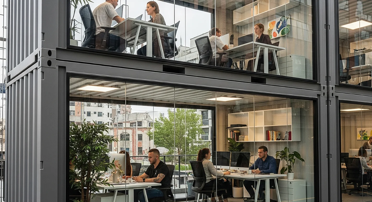 modern container offices setup in an urban environment — sleek, modular design with glass walls, office furniture inside, and people working. Clean surroundings, natural lighting, greenery nearby. Professional yet creative atmosphere, showcasing flexibility and innovation.