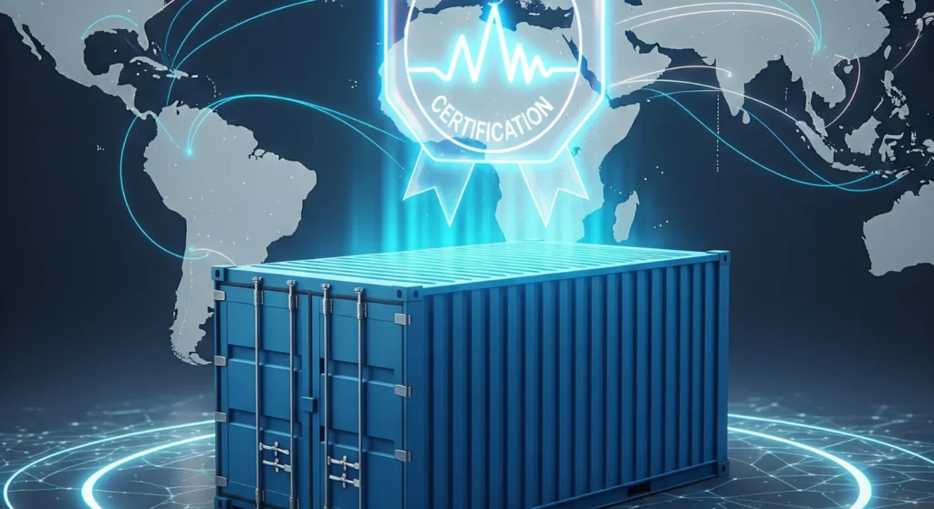 A sleek digital artwork of a shipping container with a glowing certification badge hovering above it, symbolizing approval and safety, placed on a global map backdrop highlighting international trade routes.