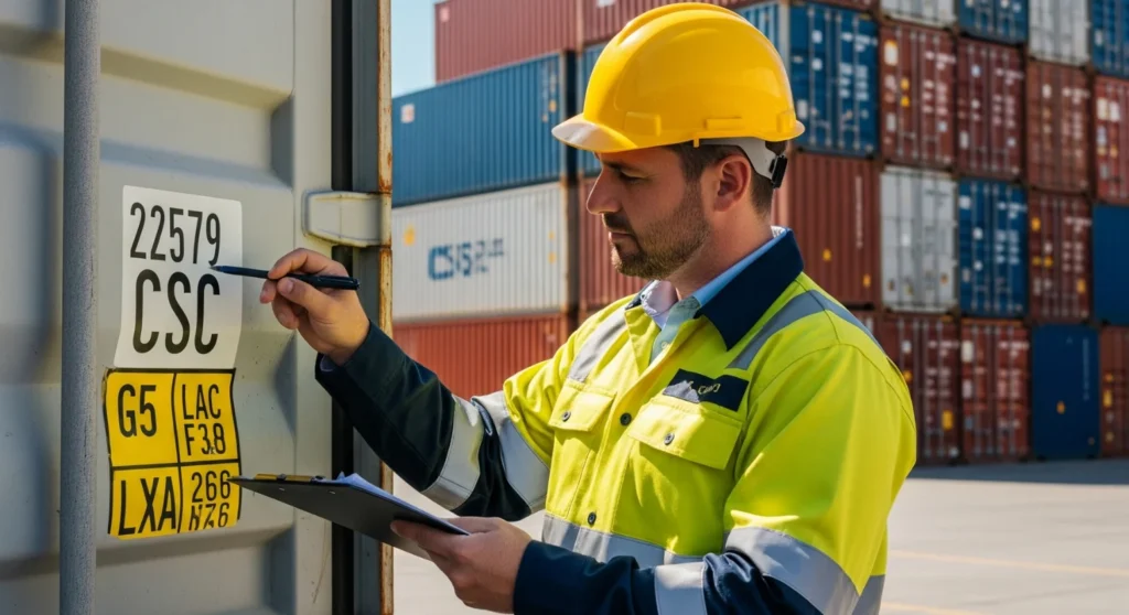 A professional image of an inspector checking a shipping container’s CSC plate with a clipboard in hand, wearing safety gear, at a container yard, with stacks of containers in the background under clear skies.