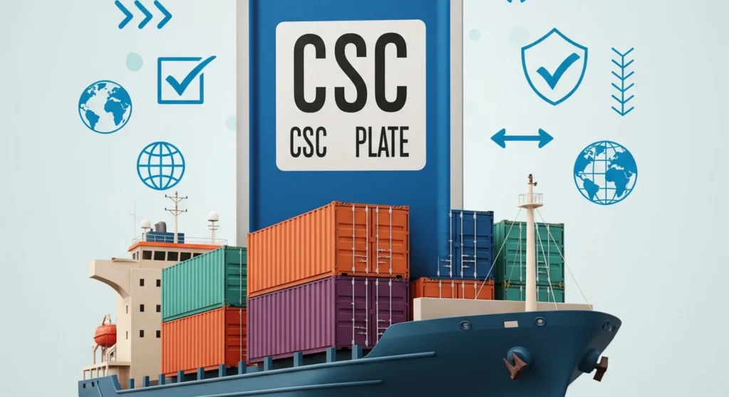 An illustration showing a certified shipping container on a cargo ship, with a clear close-up of the CSC plate highlighted, surrounded by international shipping symbols like globes, arrows, and check marks, in a clean and modern style.