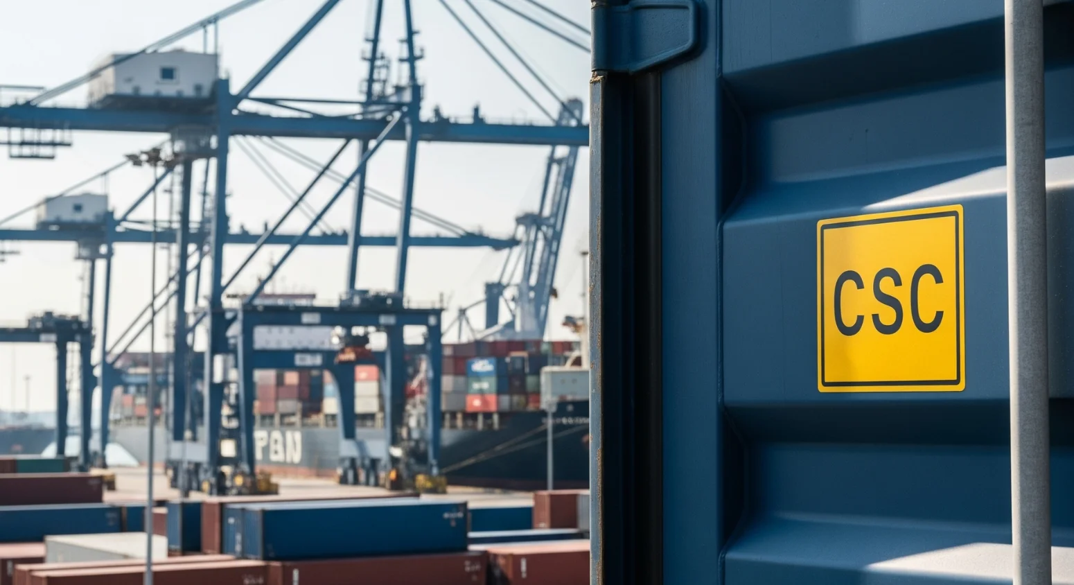 A sharp, realistic close-up of a yellow Shipping Container Certification (CSC) plate affixed to the blue door of a container at a busy port in India. In the blurred background, large cranes, cargo ships, and stacks of colorful containers are visible under natural daylight, emphasizing the scale and safety standards of global shipping operations in India.