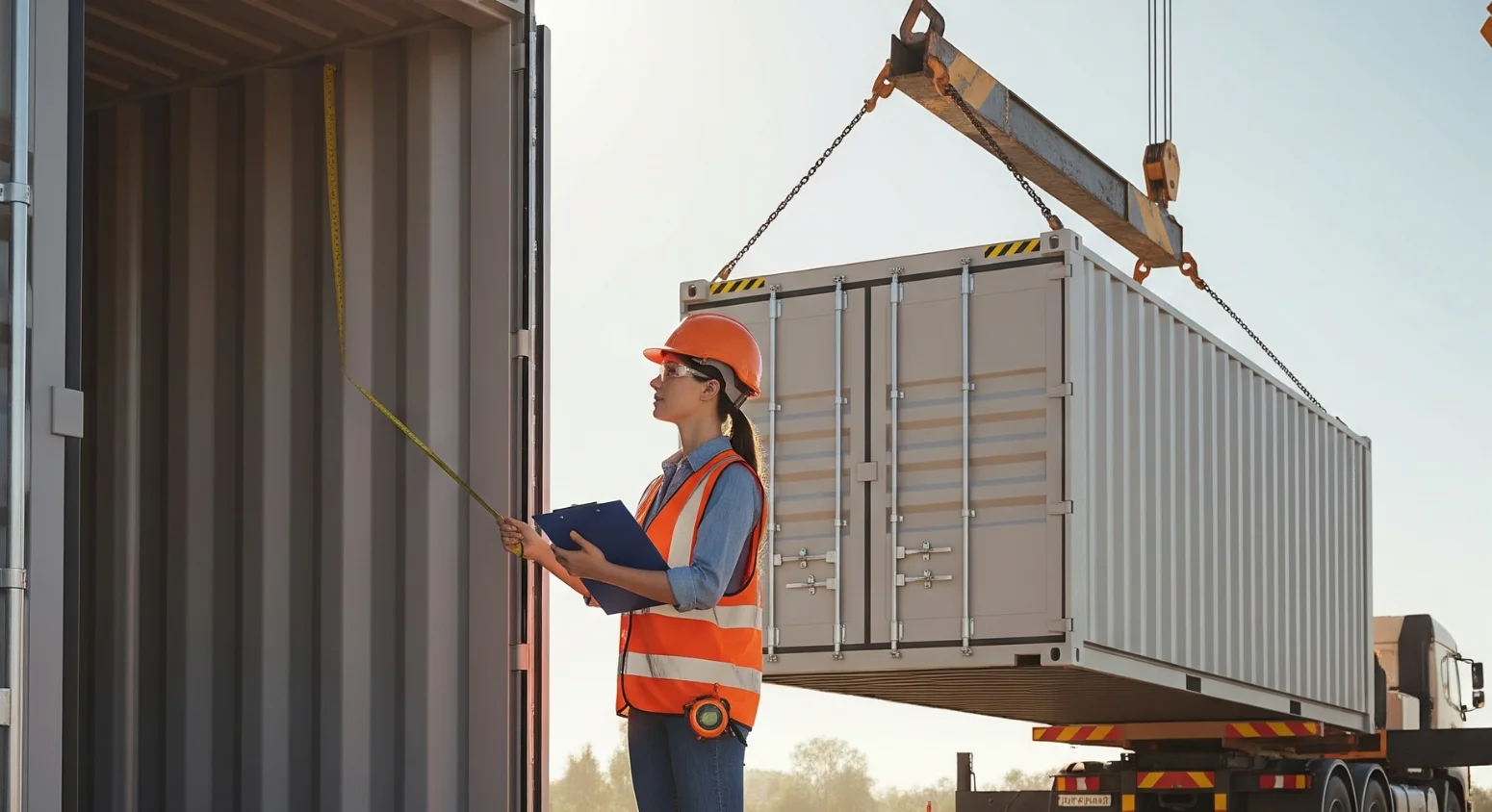 A clean, modern digital illustration or photo-realistic image of a shipping container being inspected and delivered to a prepared site. The scene should show a person checking the container’s condition (e.g., looking at doors or walls), a crane or truck unloading it, and a clear, open background that suggests a residential or commercial lot. Use natural lighting and a warm color palette to create a professional yet approachable atmosphere. Include visual cues like clipboards, safety gear, and measuring tools to highlight the idea of smart planning and avoiding mistakes when buying a shipping container.